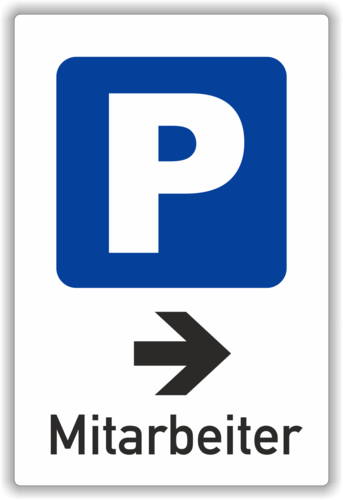 Parkplatzschild "Mitarbeiter", weiß, Pfeil rechts