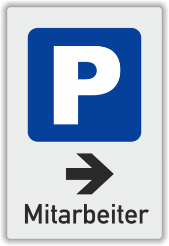 Parkplatzschild "Mitarbeiter", grau, Pfeil rechts