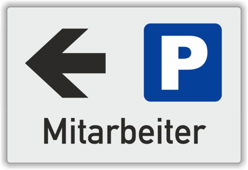 Parkplatzschild "Mitarbeiter", grau, Pfeil links
