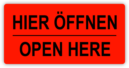 Etikett "Hier öffnen – Open here"