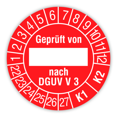 Prüfplaketten Geprüft von, DGUV Vorschrift 3, 22 - 27, K1/K2