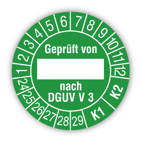 Prüfplaketten Geprüft von, DGUV Vorschrift 3, 24 - 29, K1/K2